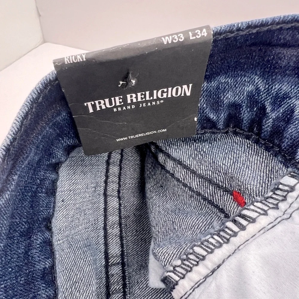 TRUE RELIGION JEANS, RICKY RELAXED STRAIGHT, DARK INDIGO BLASTER, W 33, L34